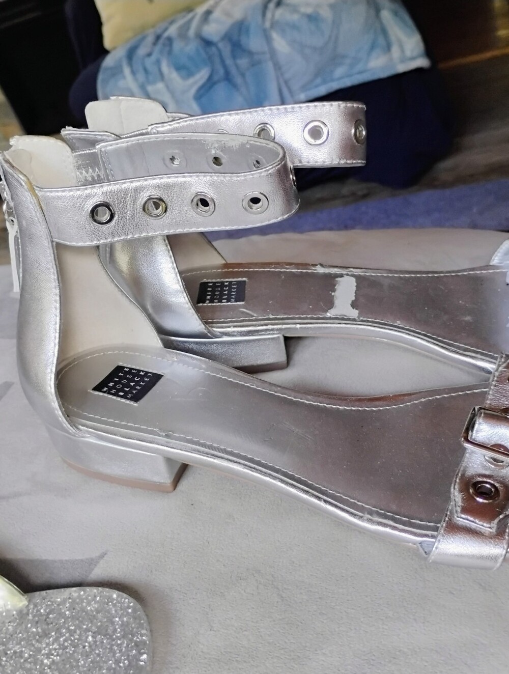 White House Black Market Silver Metallic Strappy Sandals.